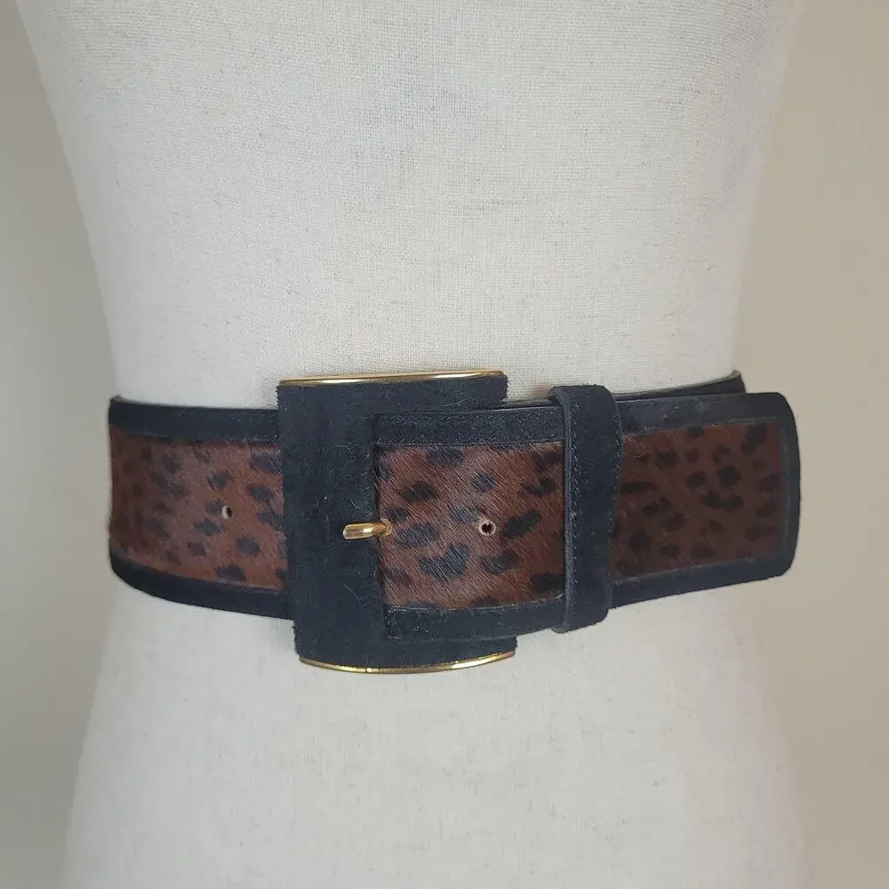 Vintage Echo Belt Medium Brown Leather Wide Leopard Print Waist Statement
